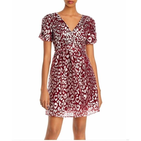NWT Aqua Metallic Leopard-Pattern Dress Dark Red Size L - Picture 1 of 10